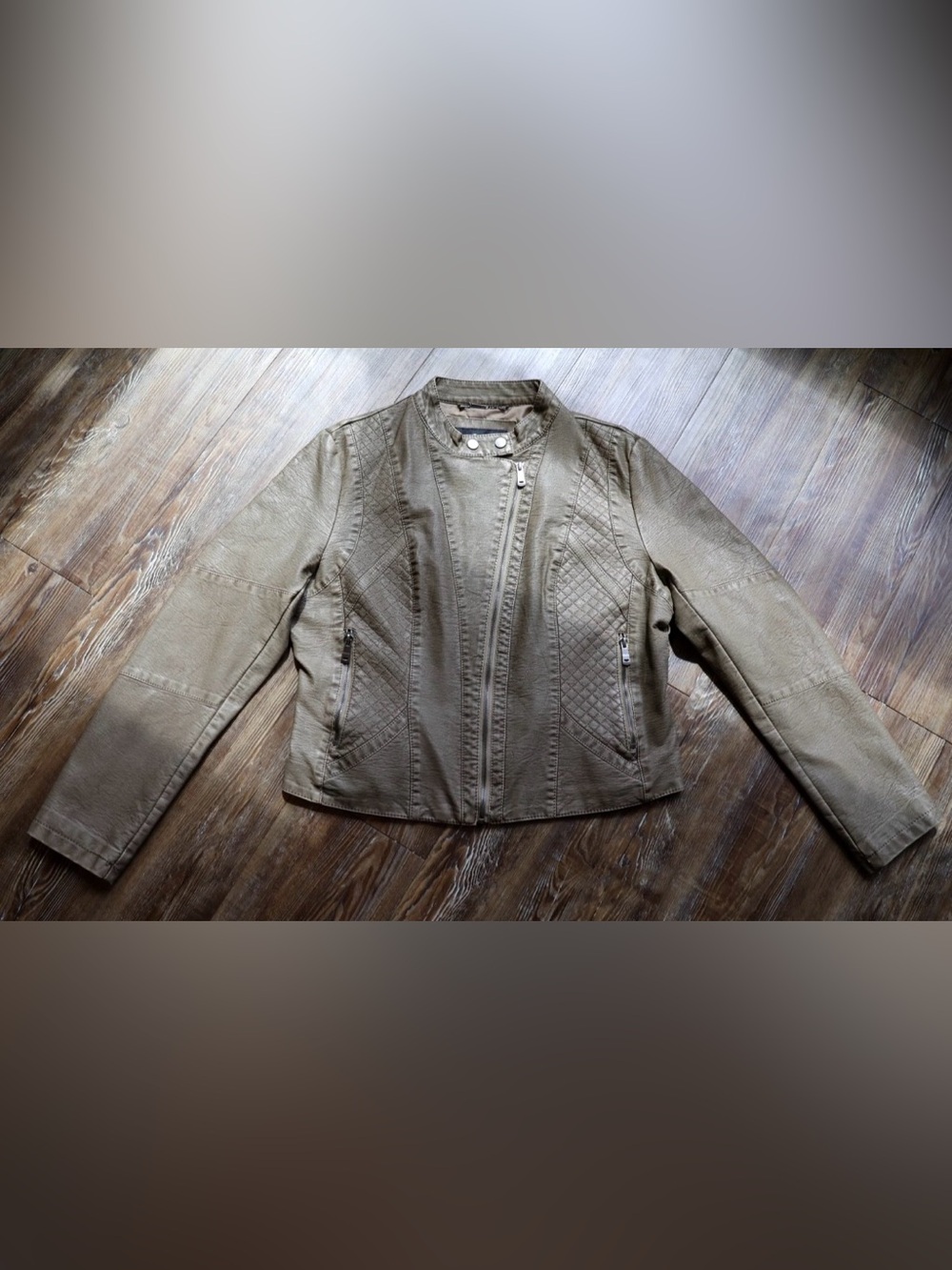 Coalition LA Womens XL Metallic Taupe Faux Leather Moto Jacket Quilted Biker